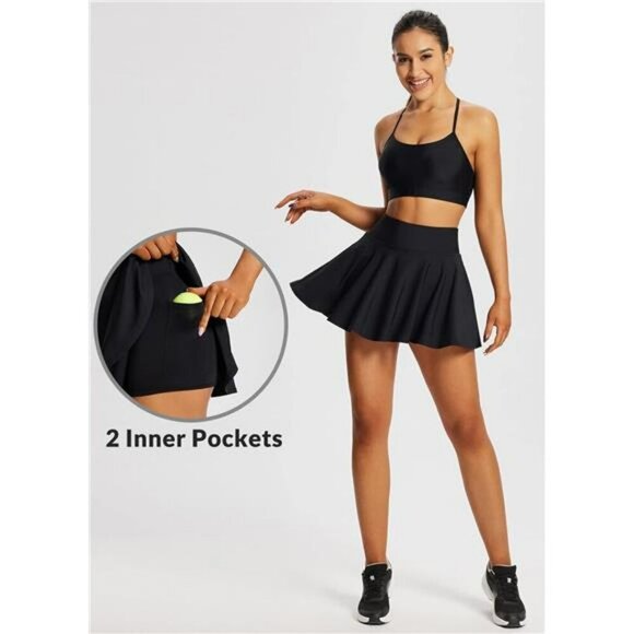 High Waisted Pleated Tennis Skirt Skort with Pockets for Golf Running Workout - Picture 3 of 7